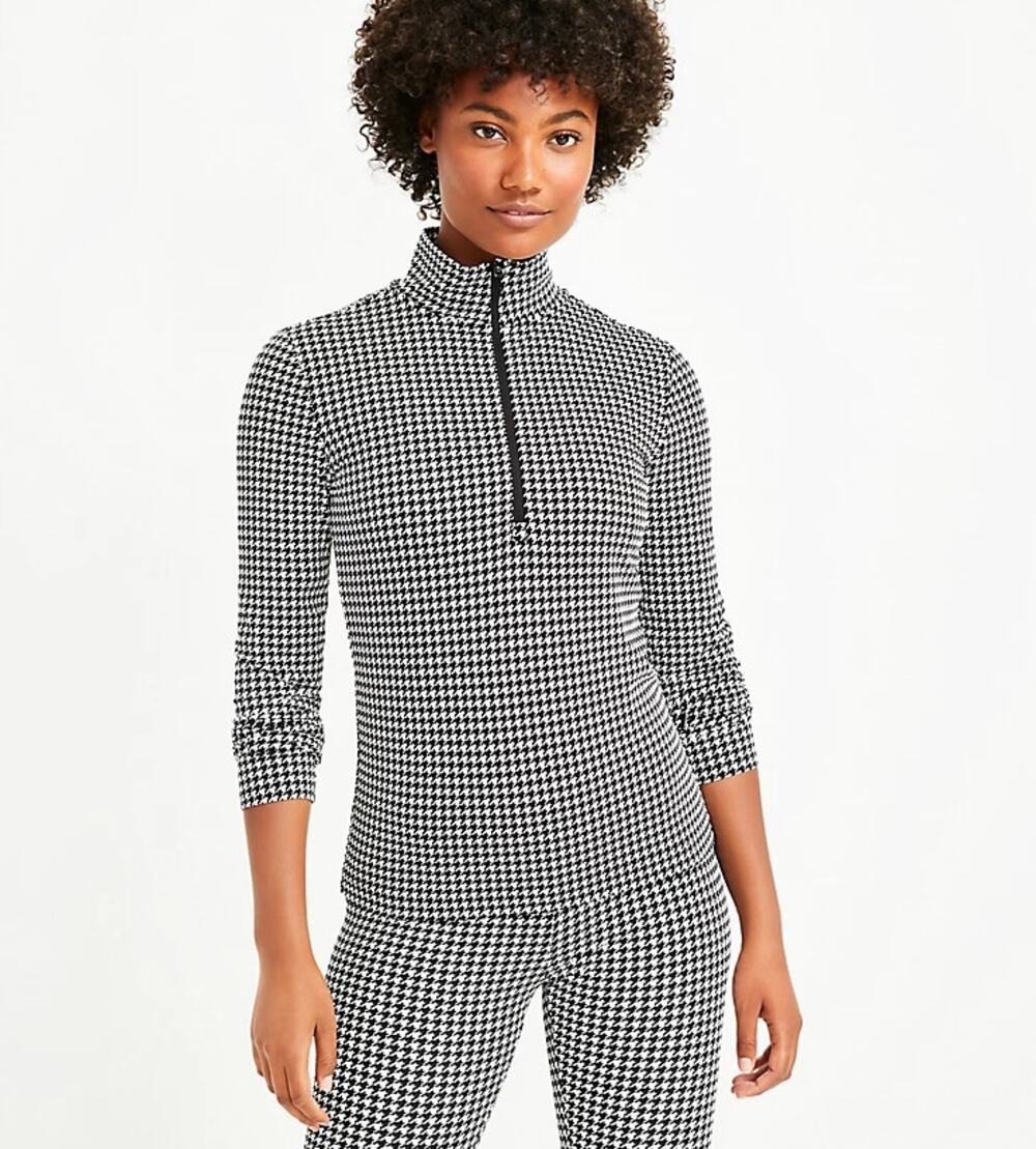 Lou & Grey Feel Good Houndstooth Quarter Zip Mock Neck Top Preppy Sporty Chic